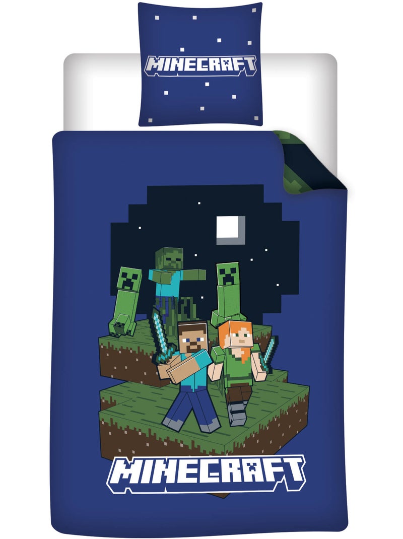 Parure de Lit Enfant Minecraft 140x200 cm + Taie 65x65 cm Polycoton Noir Bleu - Kiabi