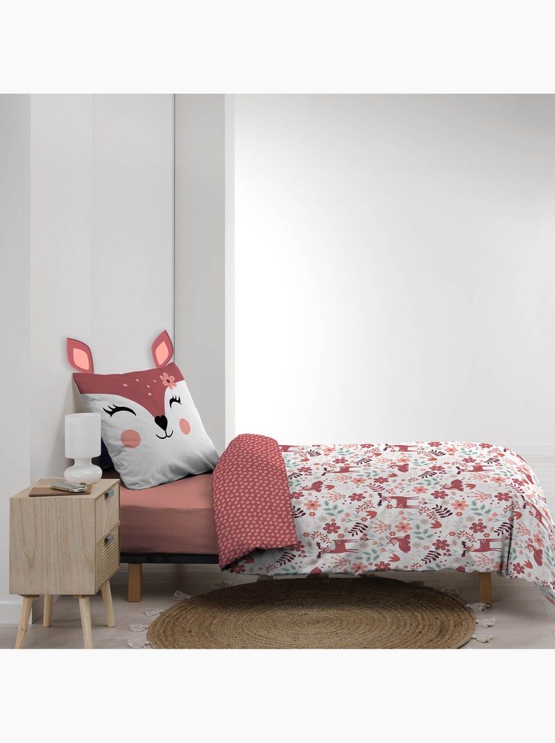 Parure de lit enfant réversible en coton motif faon et fleurs Rose - Kiabi