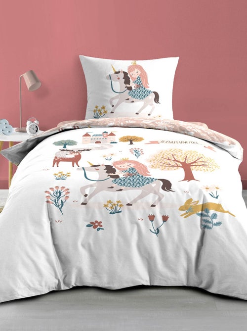 Parure de lit enfant réversible en coton motif princesse et licorne - Kiabi
