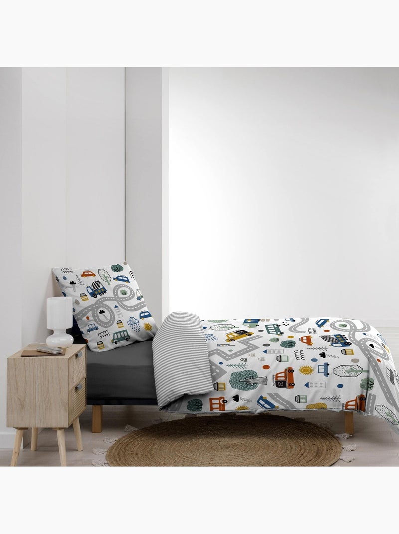 Parure de lit enfant réversible en coton motif véhicules et routes Gris - Kiabi