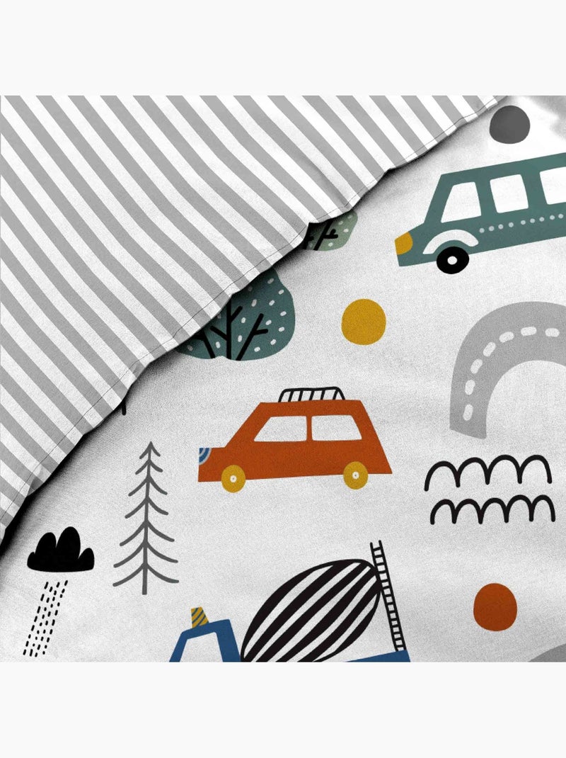 Parure de lit enfant réversible en coton motif véhicules et routes Gris - Kiabi