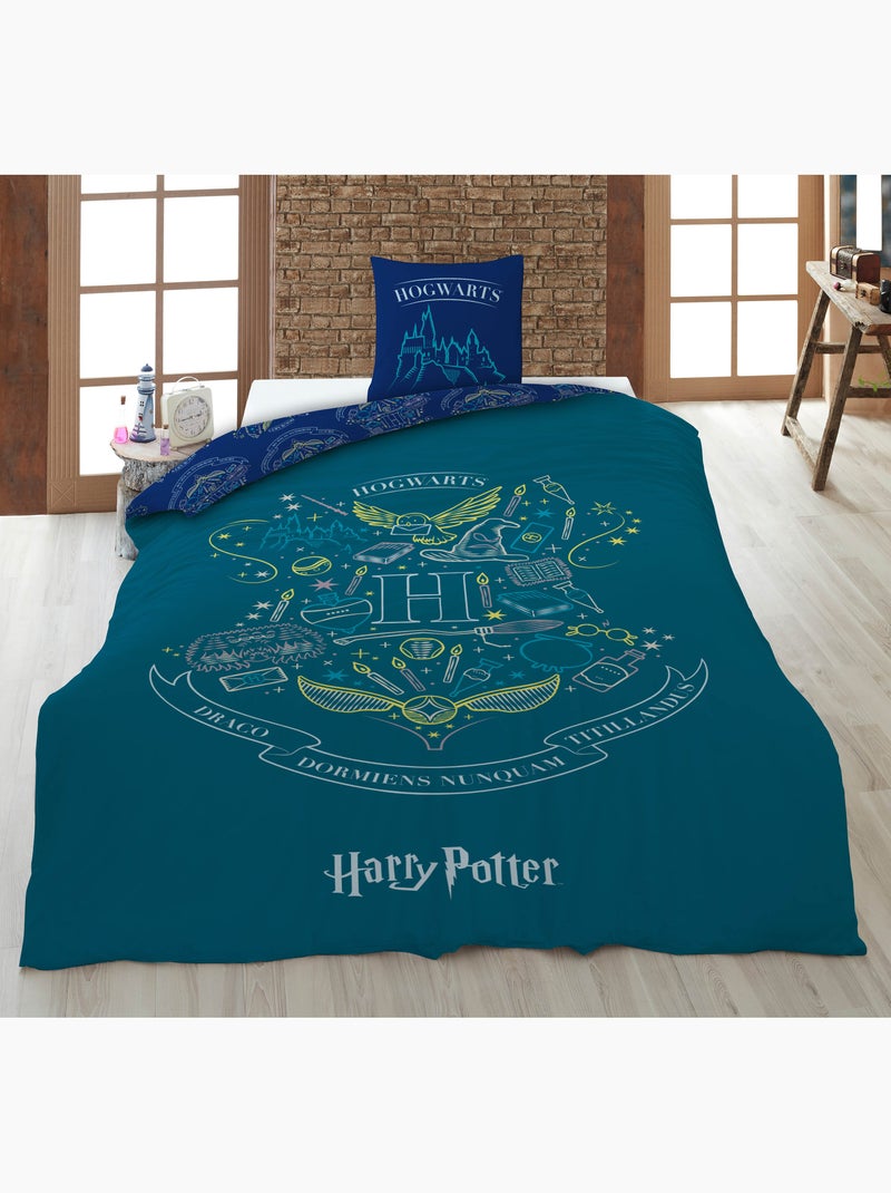 Parure de Lit Harry Potter Poudlard 140x200 cm + Taie 63x63 cm 100% Polyester Réversible Noir Bleu Bleu - Kiabi