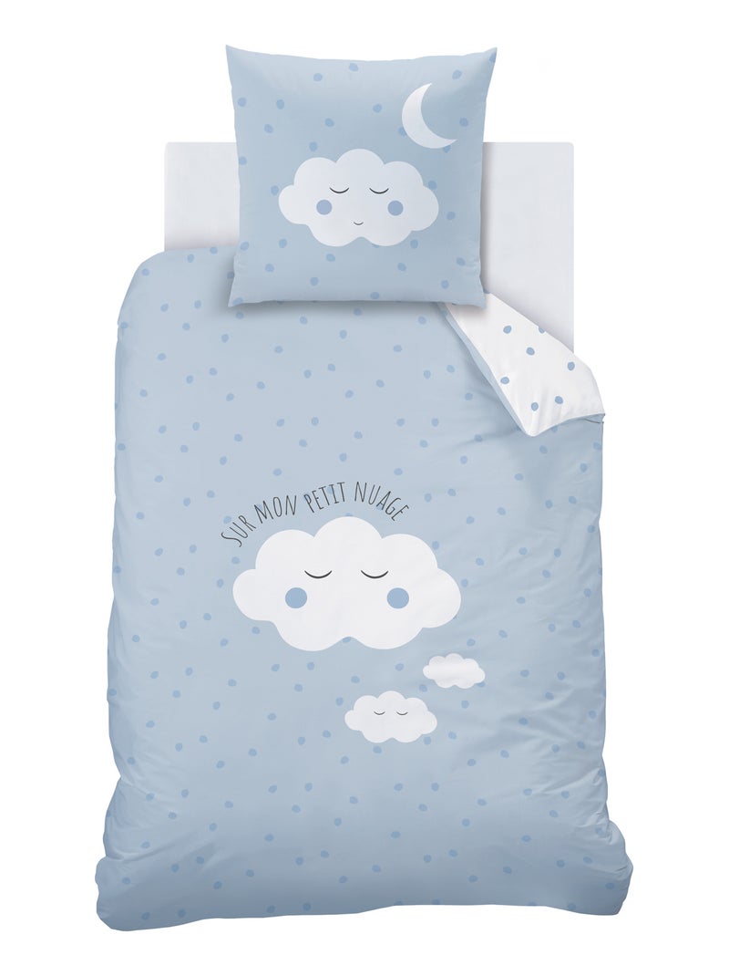 Parure de lit imprimée 100% coton, cumulus Bleu Blanc - Kiabi