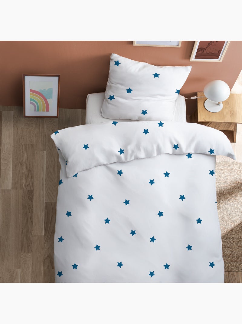 Parure de lit imprimée 100% coton, nuit etoilée Blanc Bleu - Kiabi