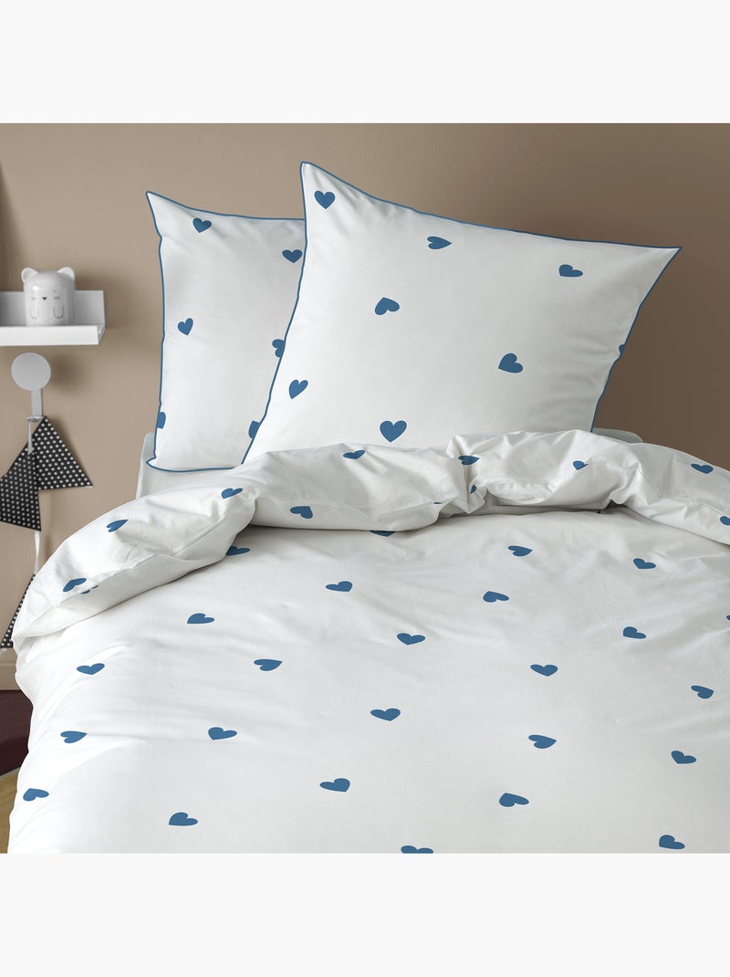 Parure de lit imprimée 100% coton, pluie de coeurs Blanc Bleu - Kiabi