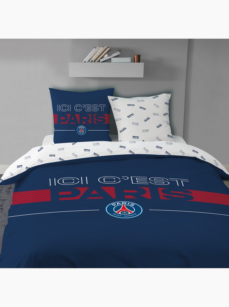 Parure de lit imprimée 100% coton, psg devise Bleu - Kiabi
