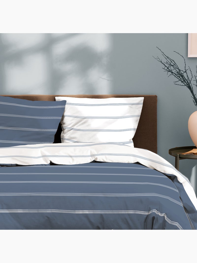 Parure de lit imprimée 100% coton, urban stripes Bleu - Kiabi