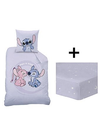 Parure de lit imprimée + drap housse 100% coton, disney home stitch happy
