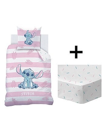 Parure de lit imprimée + drap housse 100% coton, stitch stripe