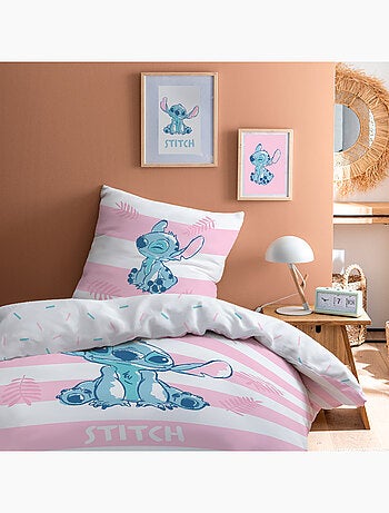 Parure de lit imprimée + drap housse 100% coton, stitch stripe