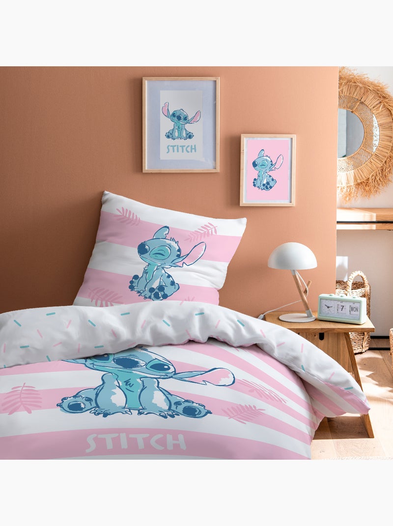 Parure de lit imprimée + drap housse 100% coton, stitch stripe Blanc Rose - Kiabi