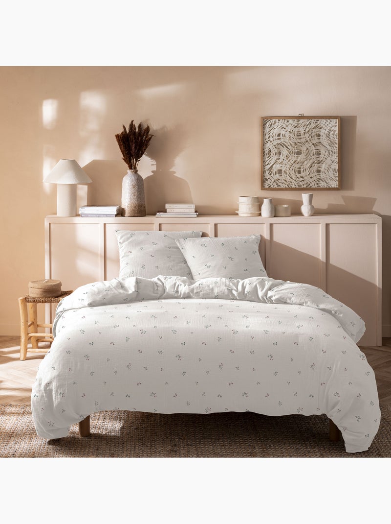 Parure de lit imprimée en gaze de coton, fleurettes Blanc - Kiabi
