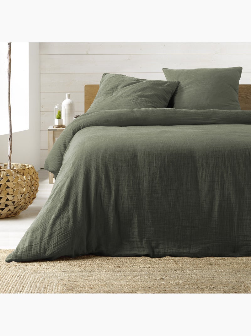 Parure de lit sienna + 2 taies 63x63 cm – double face gaze de coton & coton 57 fils Kaki - Kiabi