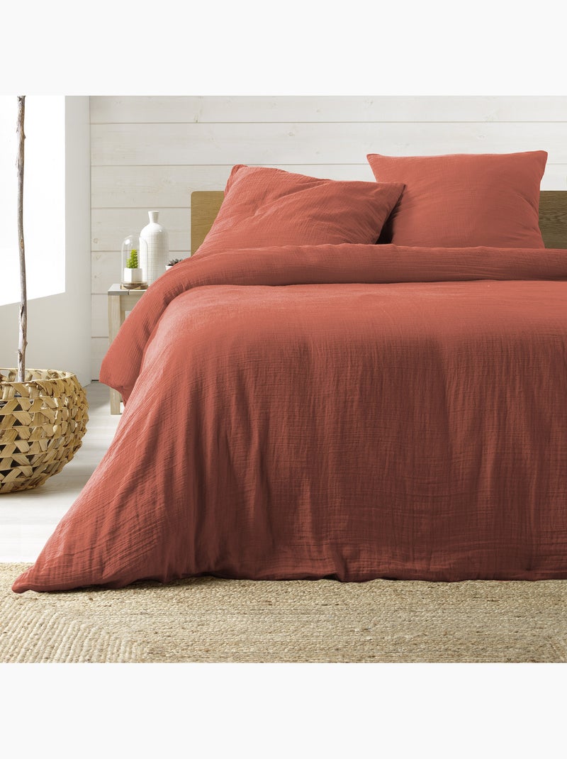 Parure de lit sienna + 2 taies 63x63 cm – double face gaze de coton & coton 57 fils Terracotta - Kiabi
