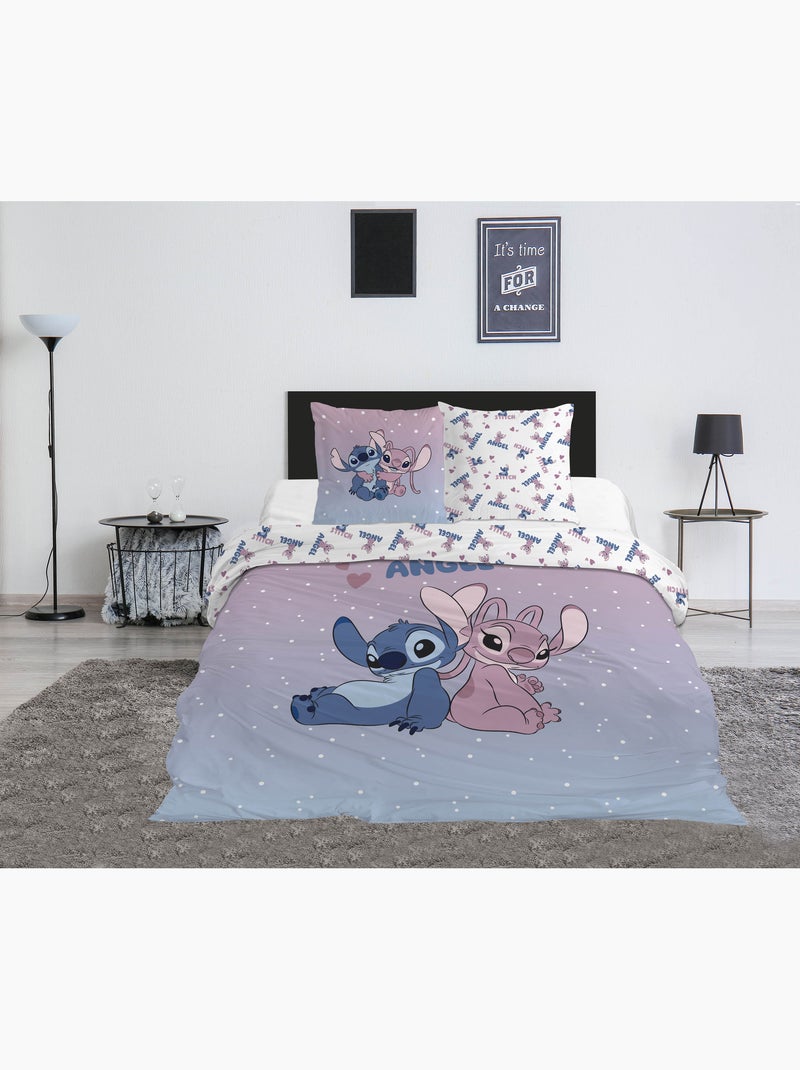 Parure de Lit Stitch & Angel Disney 200x200 cm + 2 Taies 65x65 cm Polycoton Noir Mauve Blanc - Kiabi