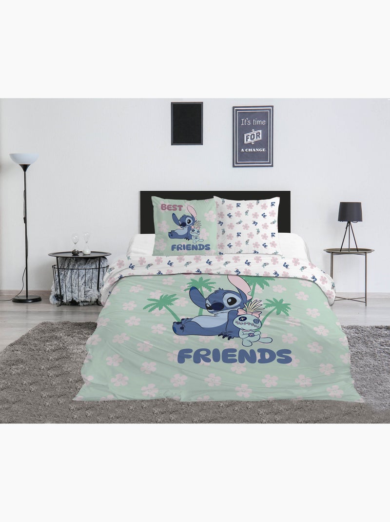Parure de Lit Stitch Disney 200x200 cm + 2 Taies 65x65 cm Polycoton Beige/Vert - Kiabi