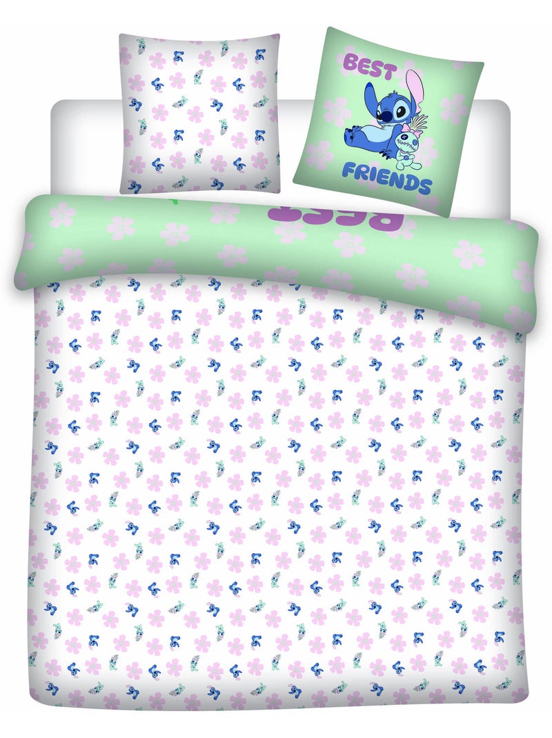 Parure de Lit Stitch Disney 200x200 cm + 2 Taies 65x65 cm Polycoton Beige/Vert - Kiabi