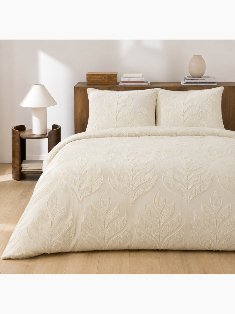 Parure de lit tuftée 3 pièces à motifs végétaux en relief housse + taies Blanc - Kiabi