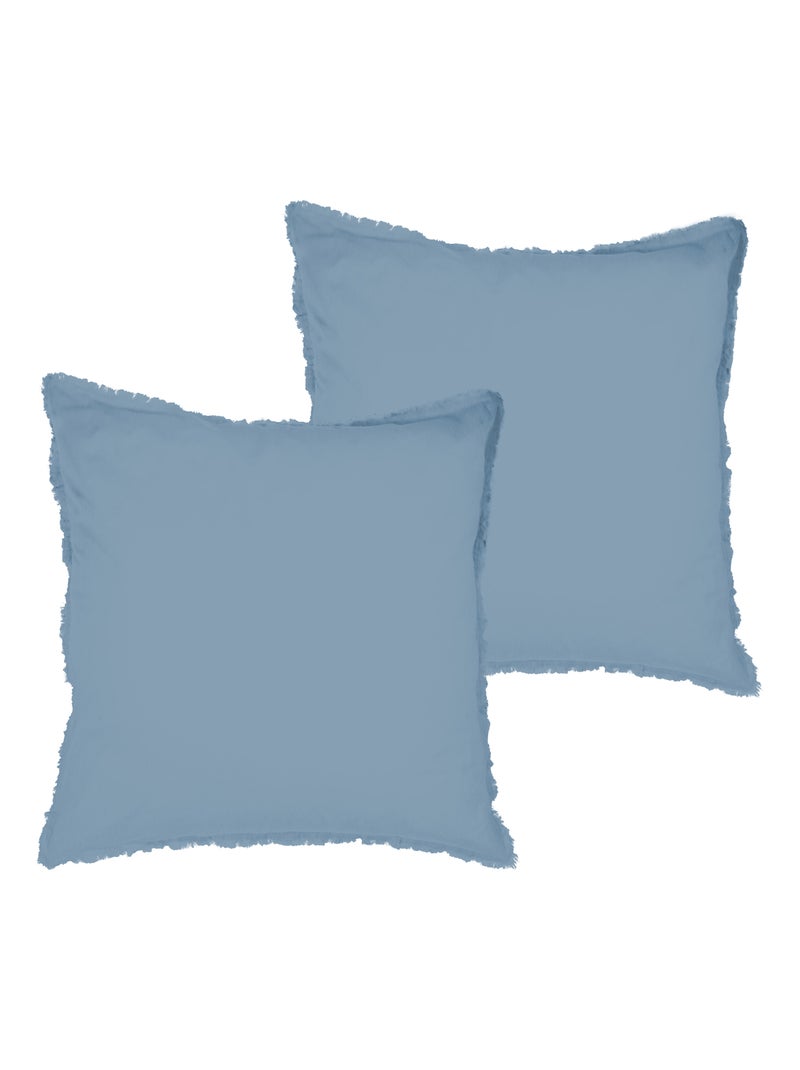 Parure de lit unie en coton taies carrées à franges, coton lavé Bleu clair - Kiabi