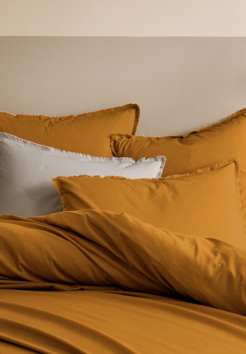 Parure de lit unie en coton taies carrées à franges, coton lavé Marron caramel - Kiabi