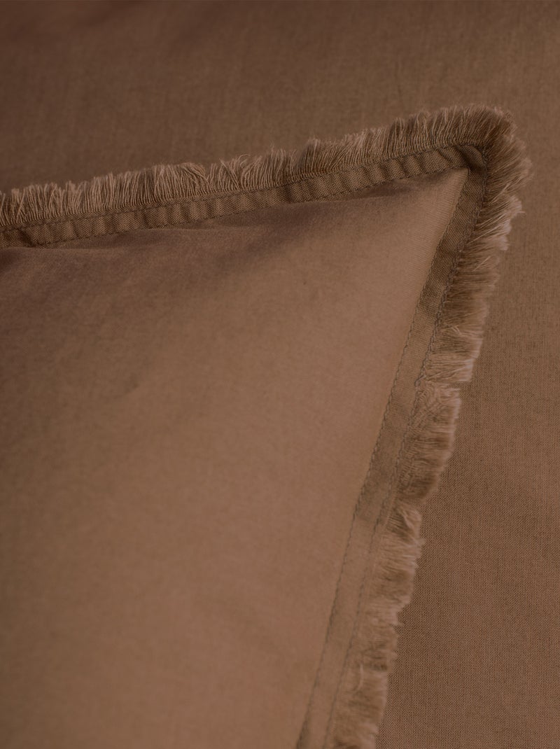 Parure de lit unie en coton taies carrées à franges, coton lavé Marron chocolat - Kiabi