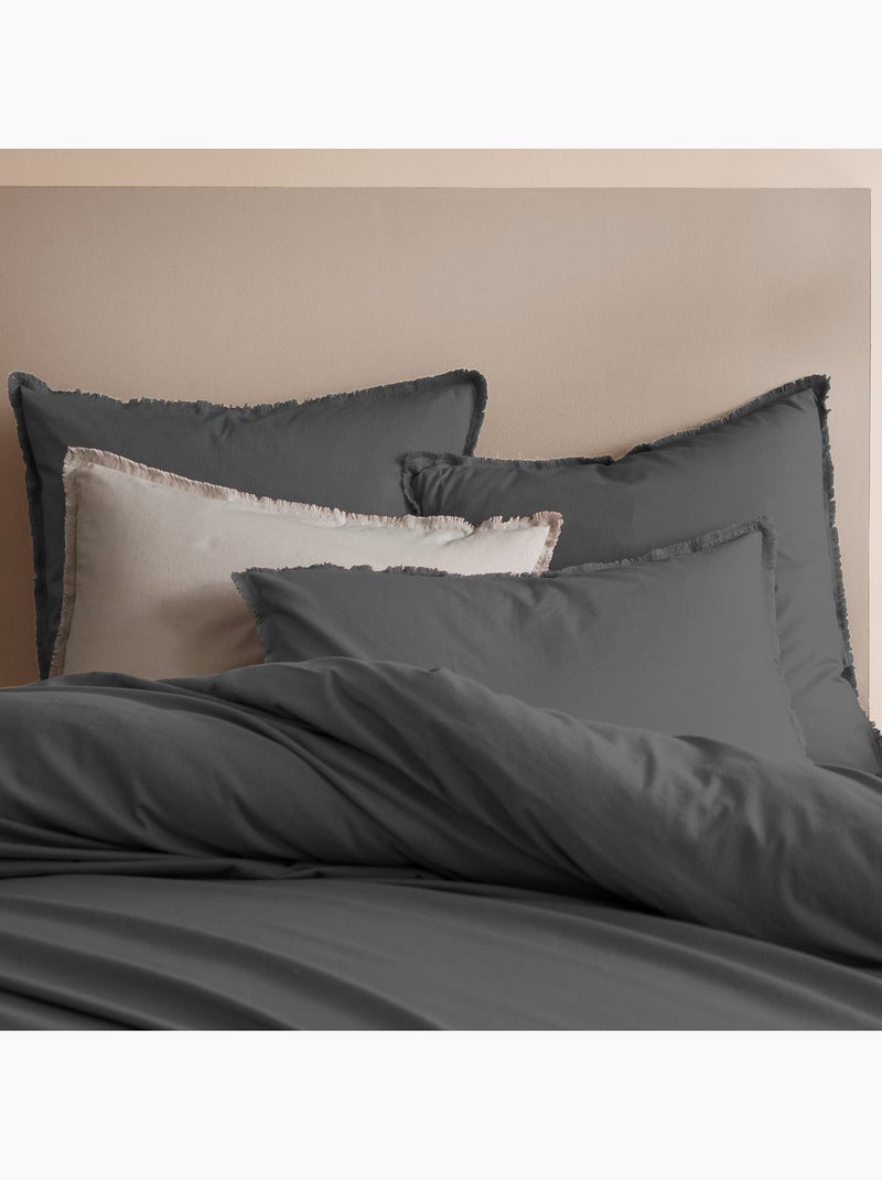 Parure de lit unie en coton taies rectangulaires à franges, coton lavé gris anthracite - Kiabi