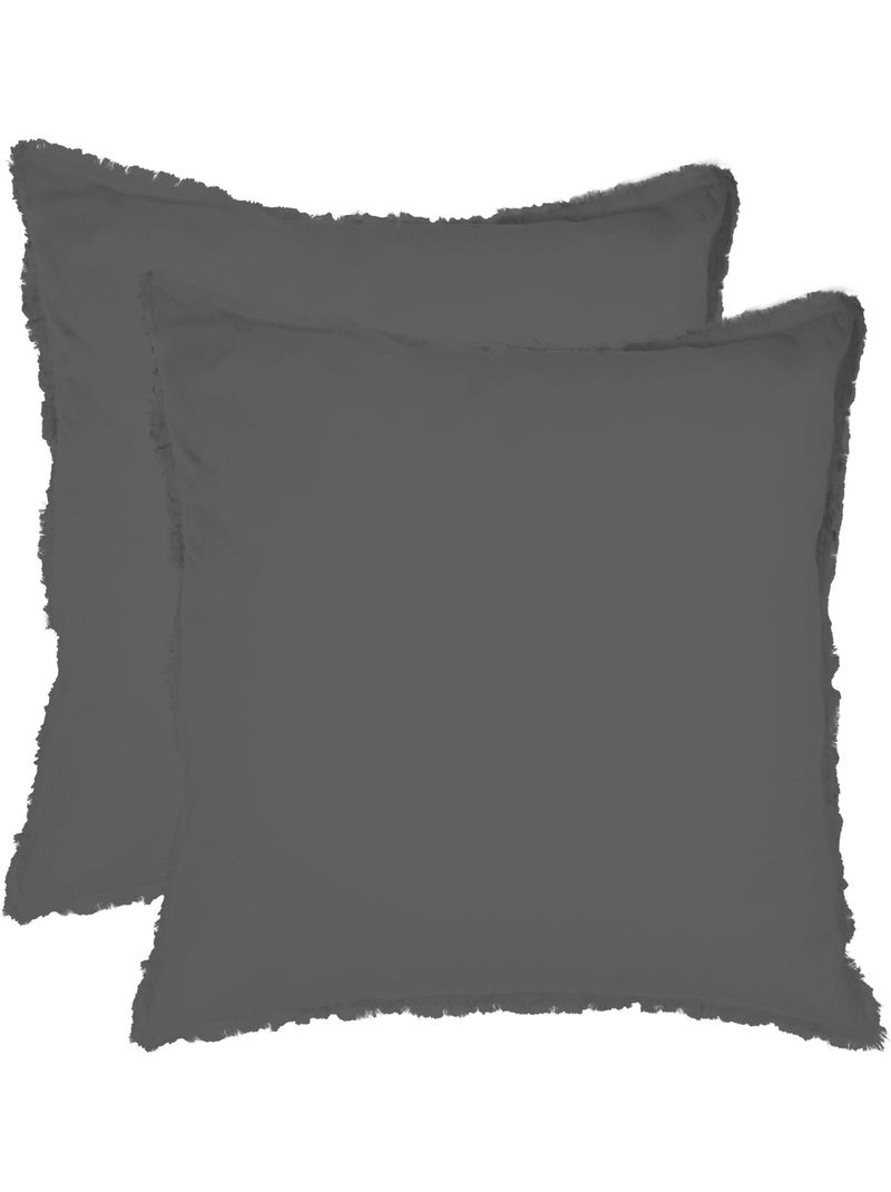 Parure de lit unie en coton taies rectangulaires à franges, coton lavé gris anthracite - Kiabi