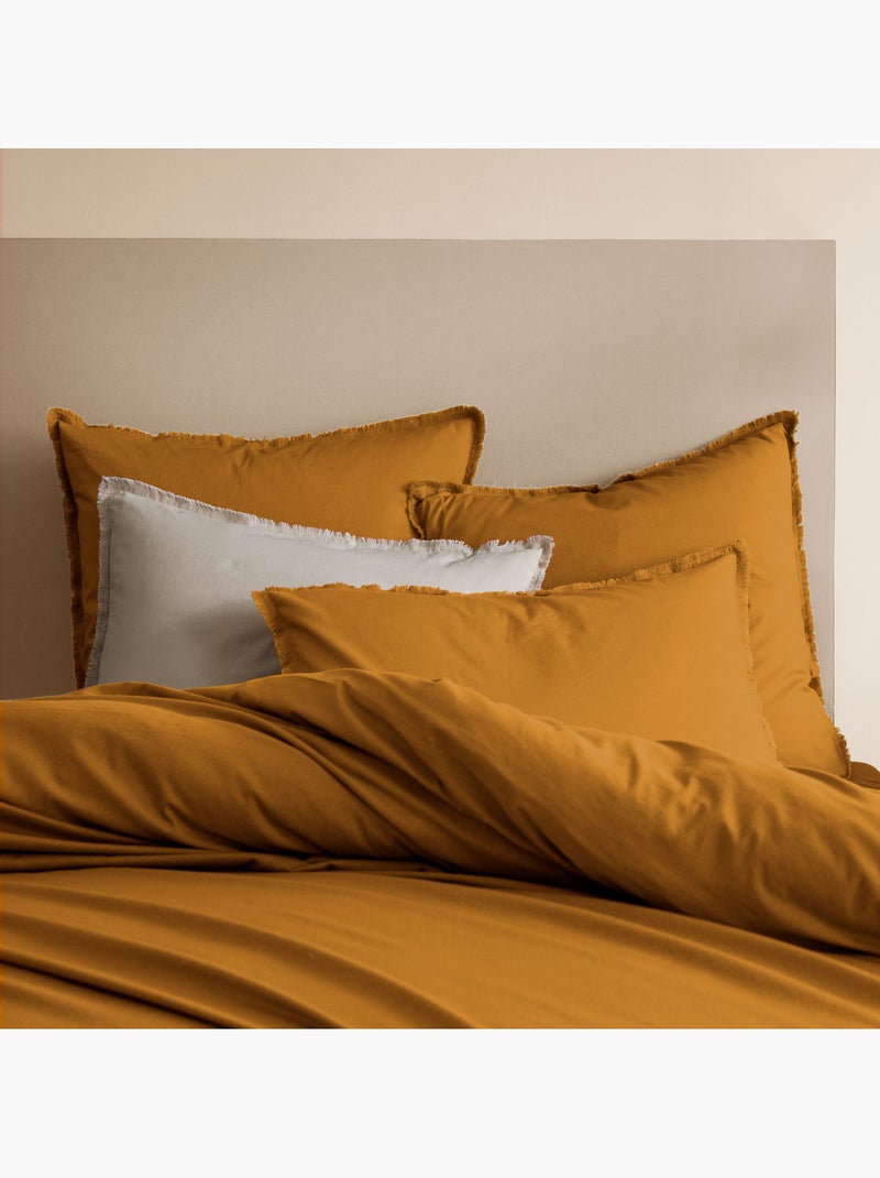 Parure de lit unie en coton taies rectangulaires à franges, coton lavé Marron caramel - Kiabi