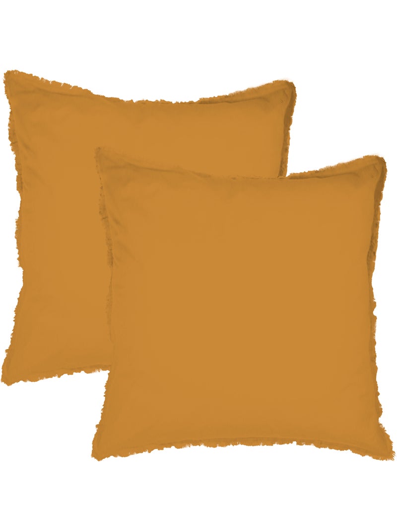 Parure de lit unie en coton taies rectangulaires à franges, coton lavé Marron caramel - Kiabi