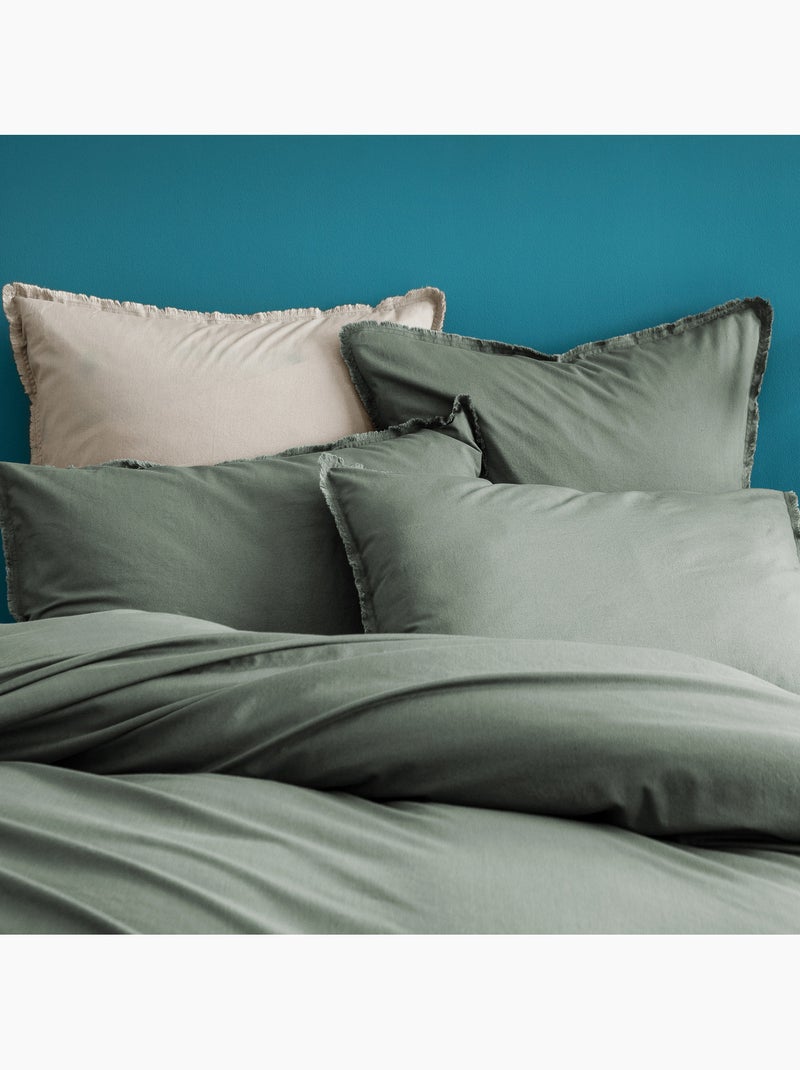 Parure de lit unie en coton taies rectangulaires à franges, coton lavé Vert kaki clair - Kiabi