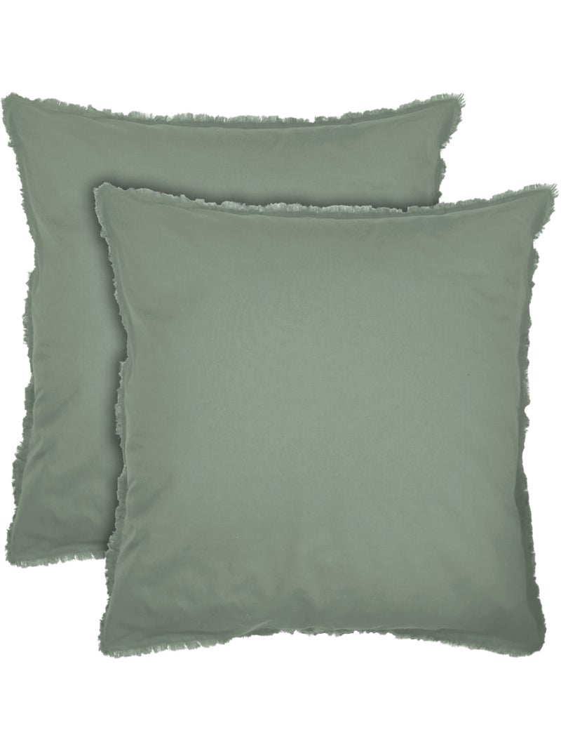 Parure de lit unie en coton taies rectangulaires à franges, coton lavé Vert kaki clair - Kiabi