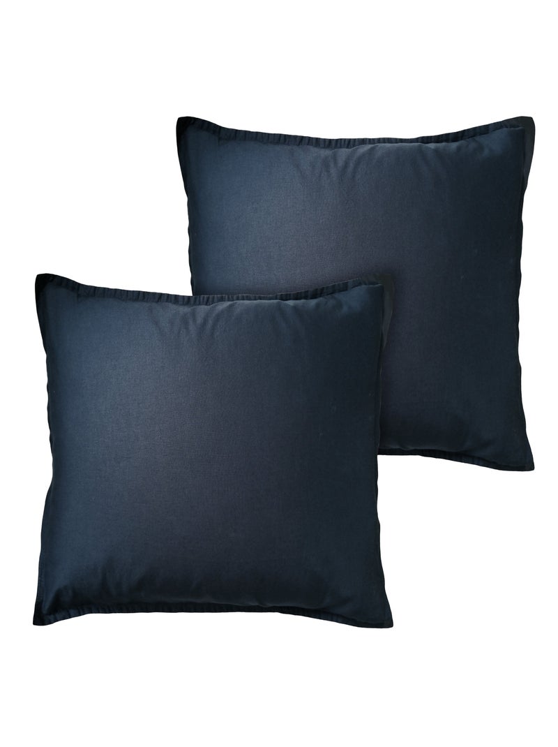 Parure de lit unie en coton taies rectangulaires à volant, coton lavé Bleu nuit - Kiabi