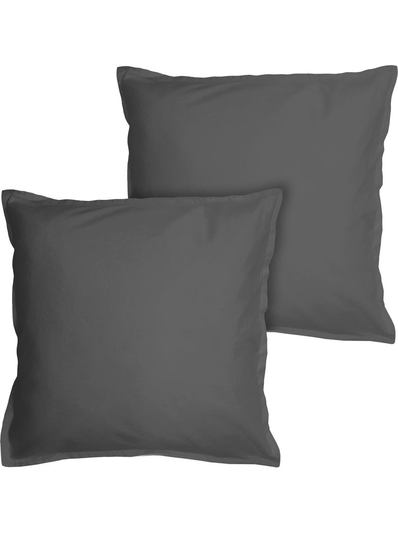 Parure de lit unie en coton taies rectangulaires à volant, coton lavé gris anthracite - Kiabi