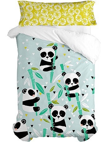 Parure housse de couette 2 pièces panda garden blue "happyfriday