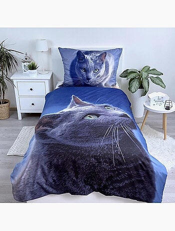 Parure Housse de Couette Chat Gris 140x200 cm avec taie d'oreiller - Ensemble de lit