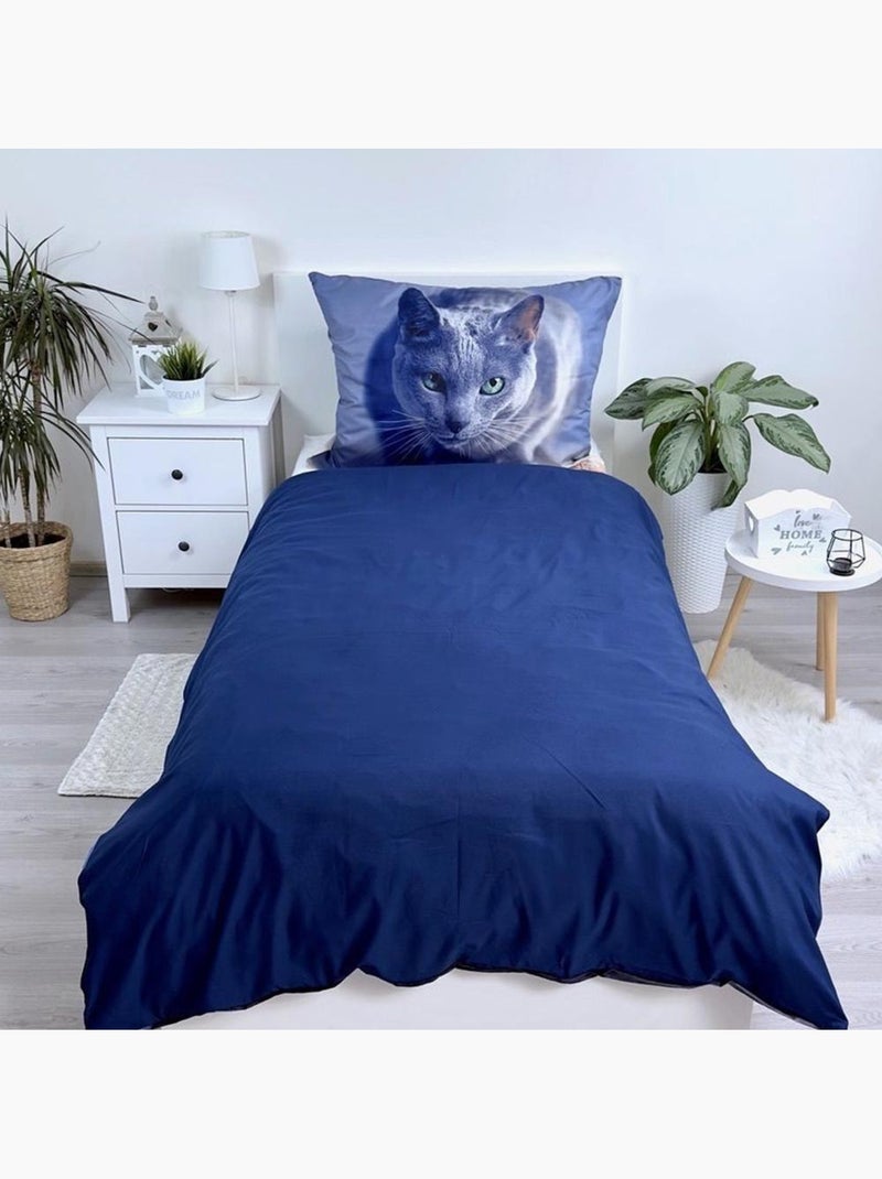 Parure Housse de Couette Chat Gris 140x200 cm avec taie d'oreiller - Ensemble de lit Bleu Gris - Kiabi