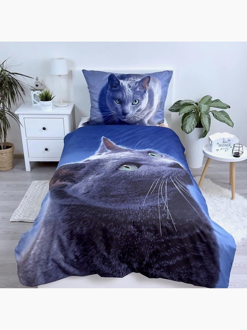 Parure Housse de Couette Chat Gris 140x200 cm avec taie d'oreiller - Ensemble de lit Bleu Gris - Kiabi