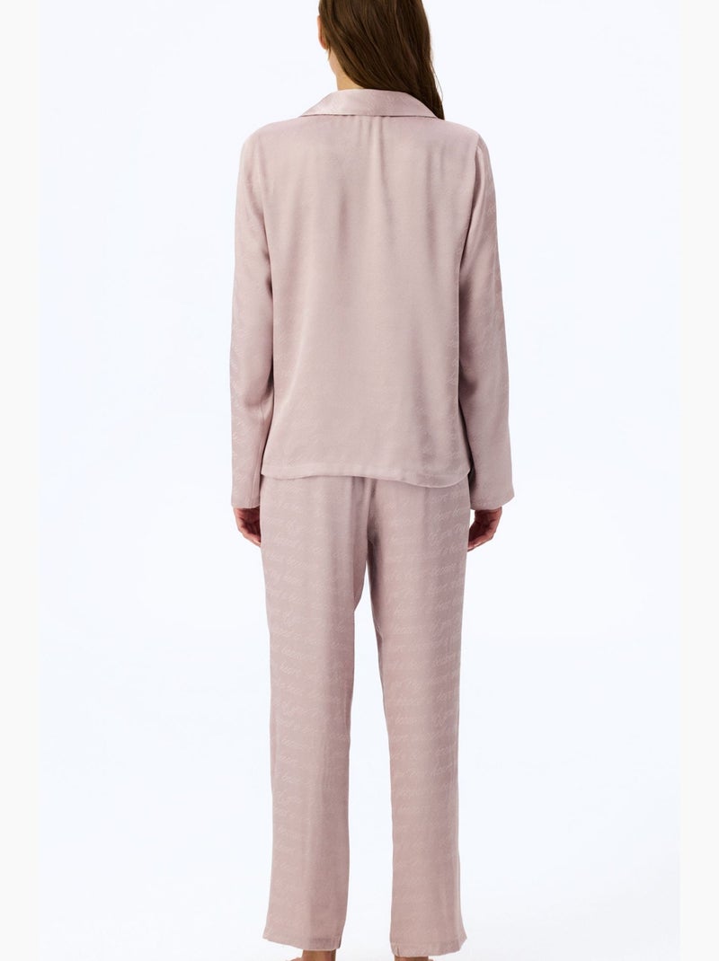 Pastel romantische satijnen pyjamaset met sloganprint, overhemd met lange mouwen en broek penti Mauve - Kiabi
