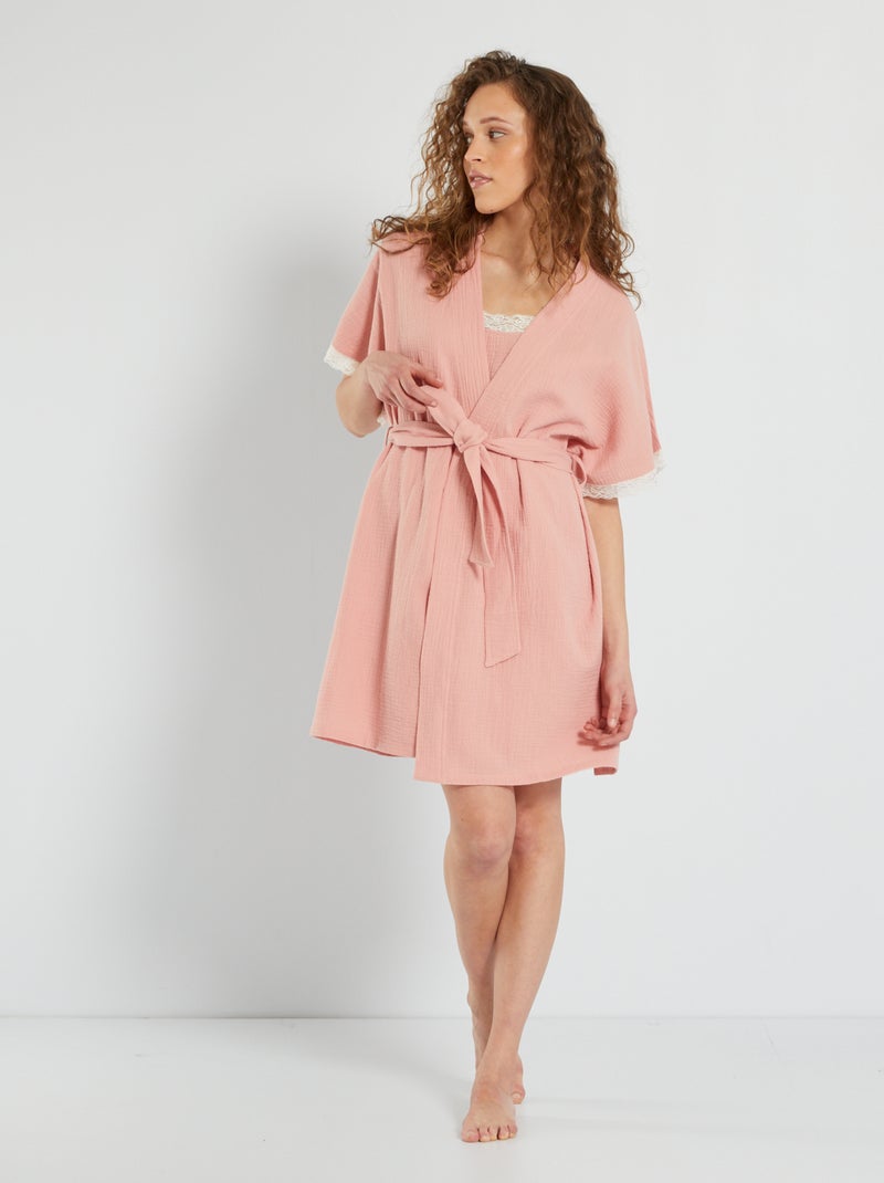 Peignoir de nuit en gaze de coton vieux rose - Kiabi