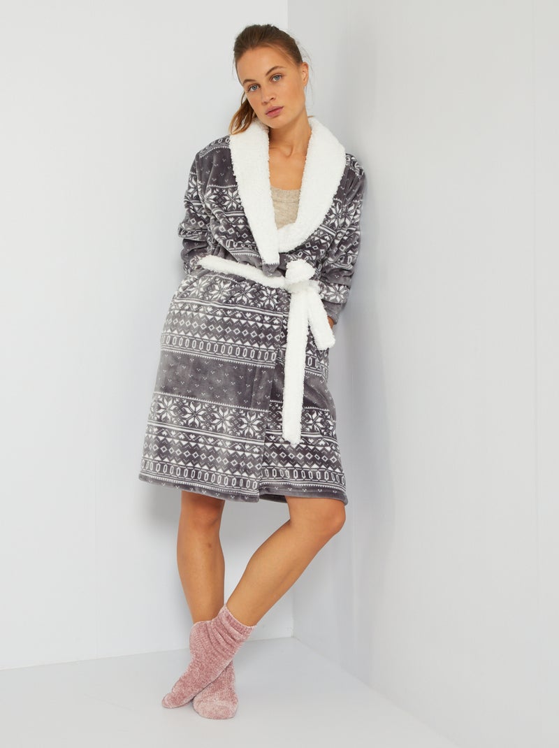 Peignoir de nuit en polaire imprimé jacquard gris - Kiabi
