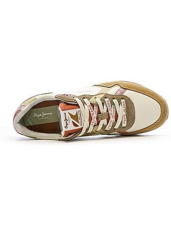 Pepe jeans brit print ecru/camel dames sneakers