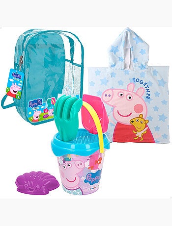 Peppa pig strandset met emmertje, rugzak en poncho-accessoires.