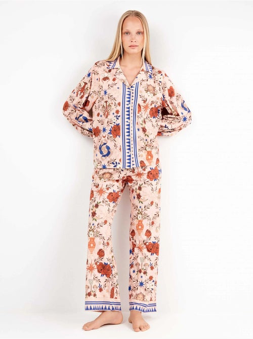 Pijama camisero estampado manga abullonada y pantalón palazzo - Kiabi