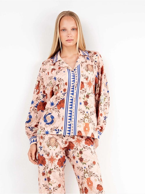 Pijama camisero estampado manga abullonada y pantalón palazzo - Kiabi