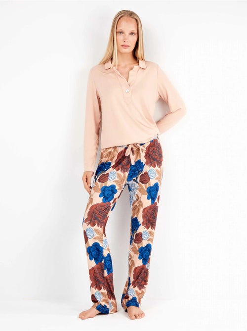 Pijama largo camisero estampado floral en tejido de punto - Kiabi