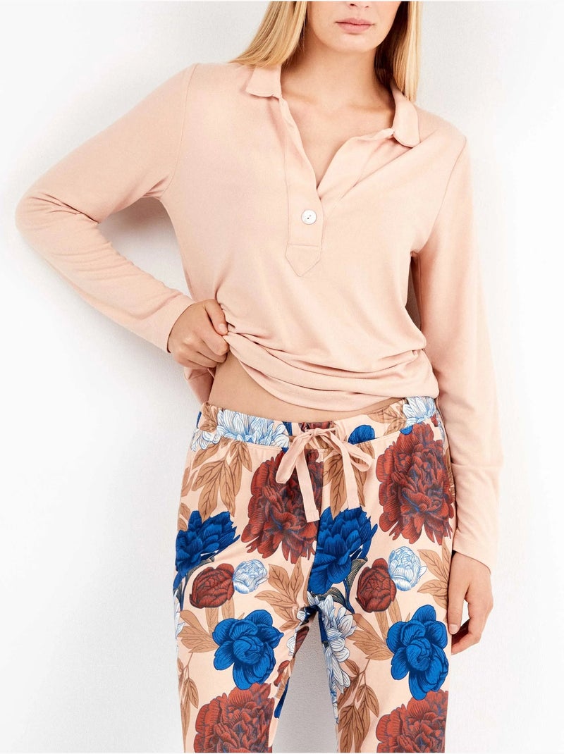 Pijama largo camisero estampado floral en tejido de punto Roze - Kiabi