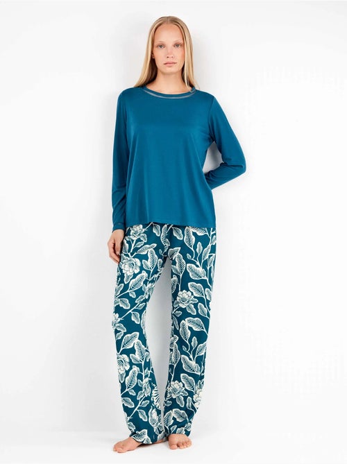 Pijama largo con camiseta lisa y pantalón floral de punto - Kiabi