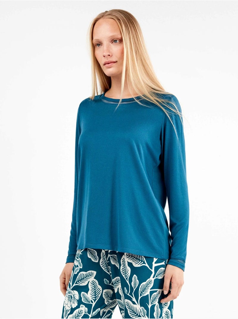 Pijama largo con camiseta lisa y pantalón floral de punto Petrolblauw - Kiabi
