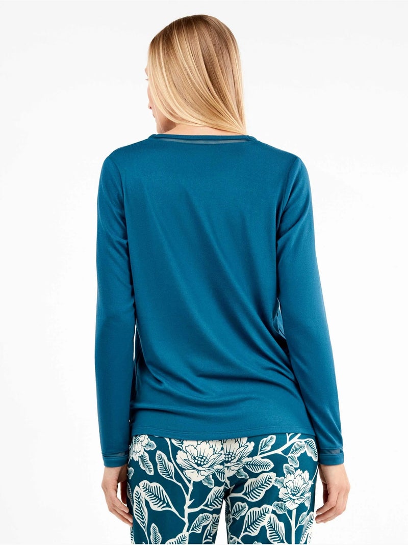 Pijama largo con camiseta lisa y pantalón floral de punto Petrolblauw - Kiabi