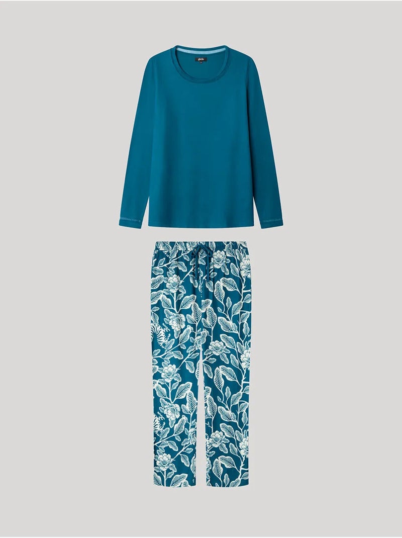 Pijama largo con camiseta lisa y pantalón floral de punto Petrolblauw - Kiabi